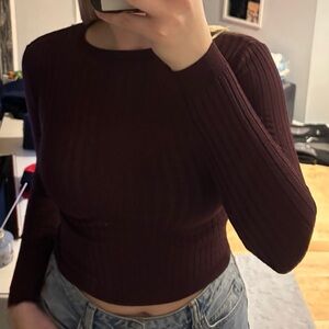 Garage Ribbed Long Sleeve Top - Deep Burgundy